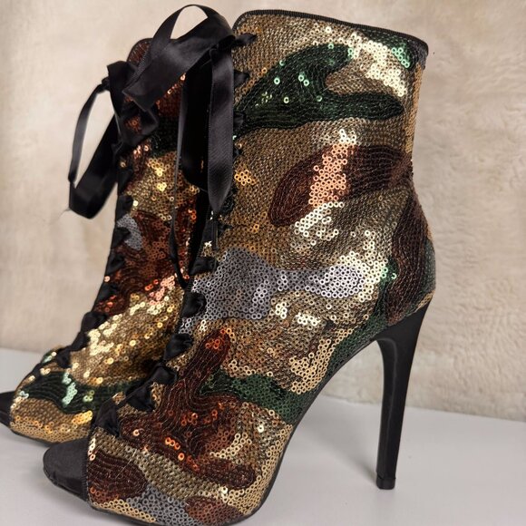 Sequin Camouflage Lace-Up Peep-Toe Ankle Boots With Side Zipper 8 - Picture 3 of 13
